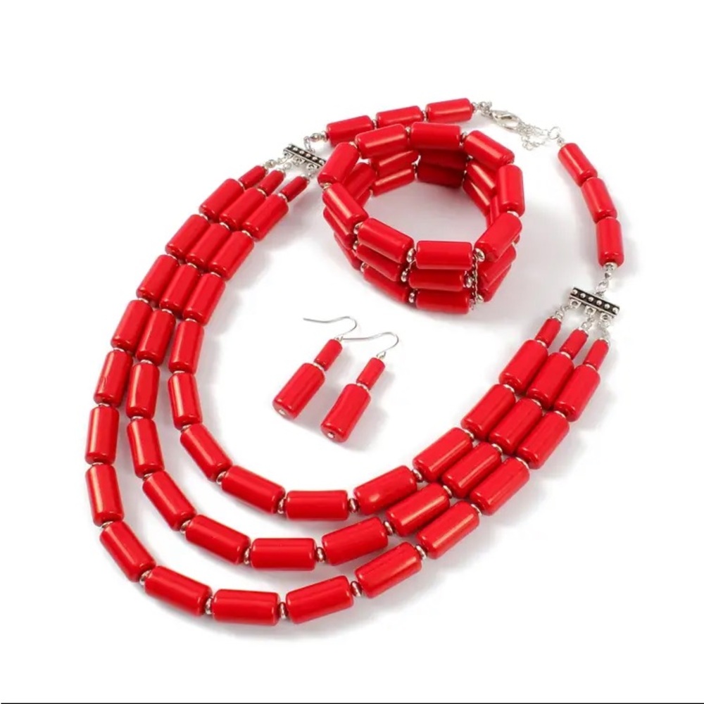 Red 3 Piece Multi Layered Necklace Set - Picture 3 of 7